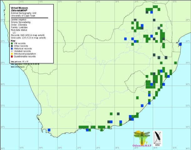 Lestes virgatus Smoky Spreadwing Distribution Map June 2020 Map Distribution Map June 2020 Map
