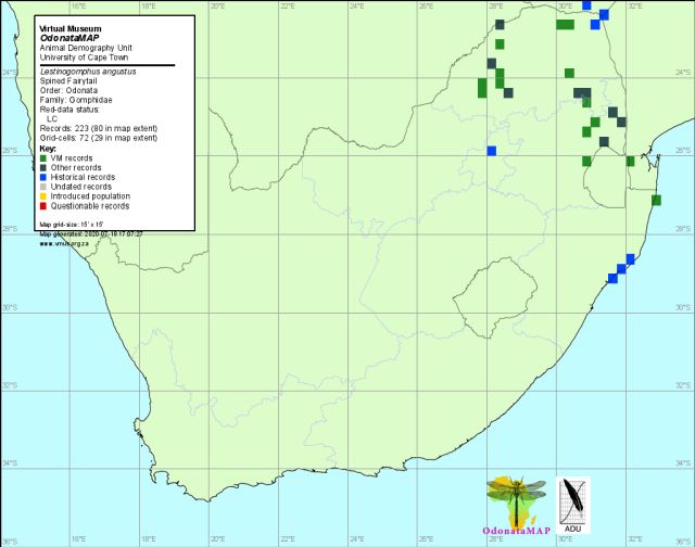 Lestinogomphus angustus Spined Fairytail Distribution Map May 2021